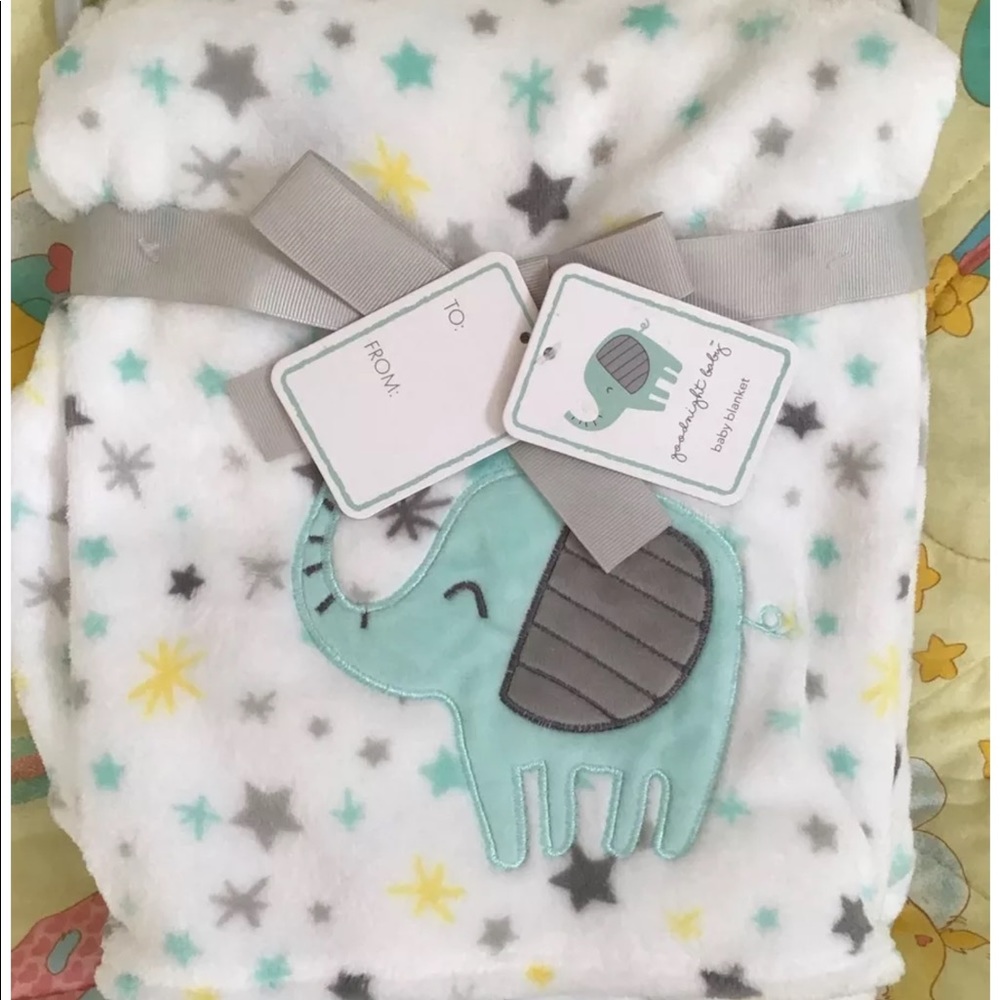 Goodnight Baby Blue Baby Blanket w Elephant